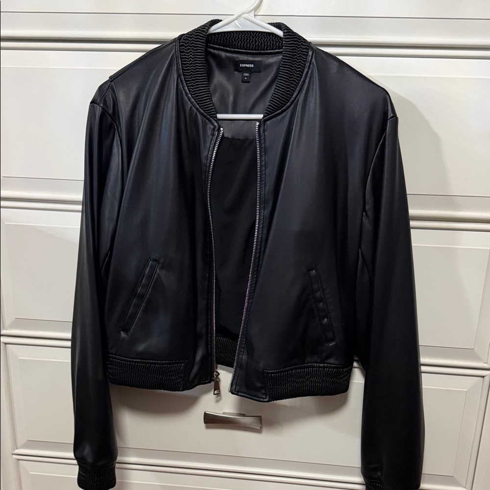Express Black Leather Bomber Jacket